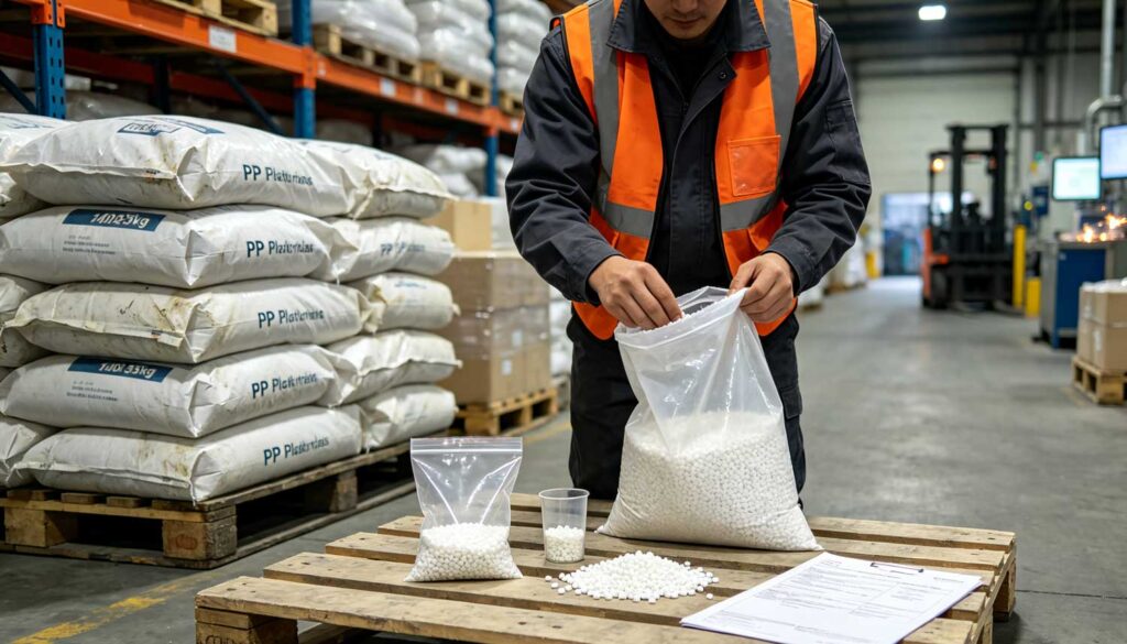 Worker inspecting polypropylene resin pellets in a plastic raw material warehouse