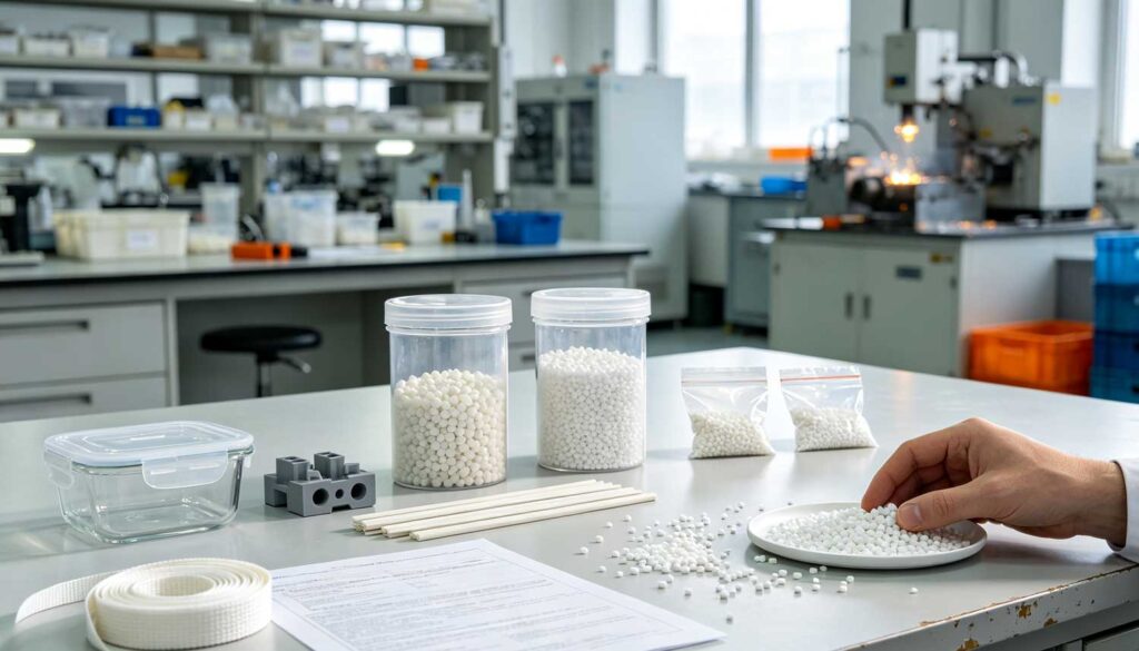 White polypropylene resin pellets and PP product samples for material selection