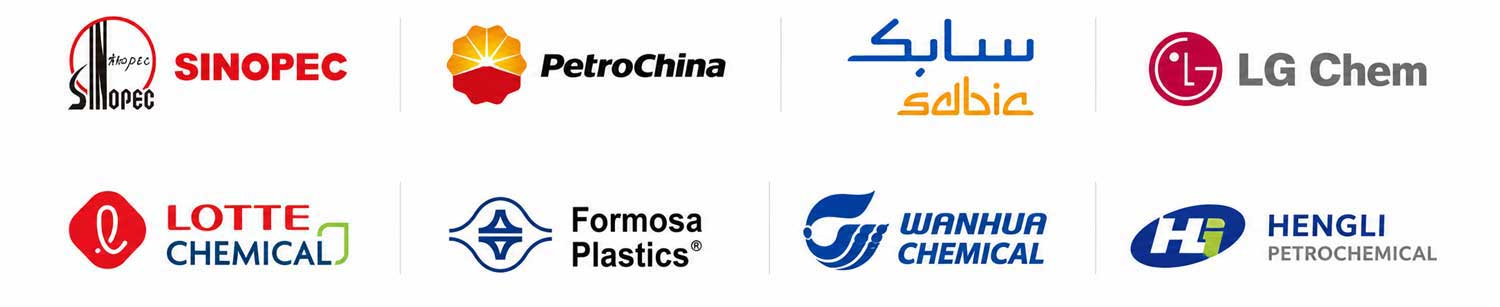 Logos of available plastic resin brands including Sinopec, PetroChina, SABIC, LG Chem, Lotte Chemical, Formosa Plastics, Wanhua Chemical and Hengli Petrochemical